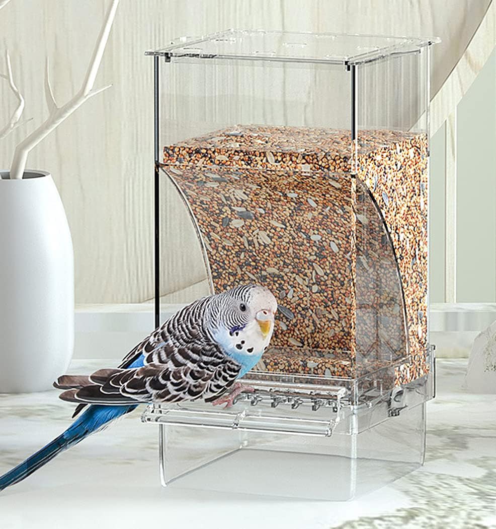 Color Blue Kenond No Mess Bird Feeder Water Dispenser Set, Automatic Parrot Feeder Cage Accessories, Clear Parakeet Seed Container Food Drinker for Cage, Cockatiel Finch Lovebirds Budgies Canary (Blue)